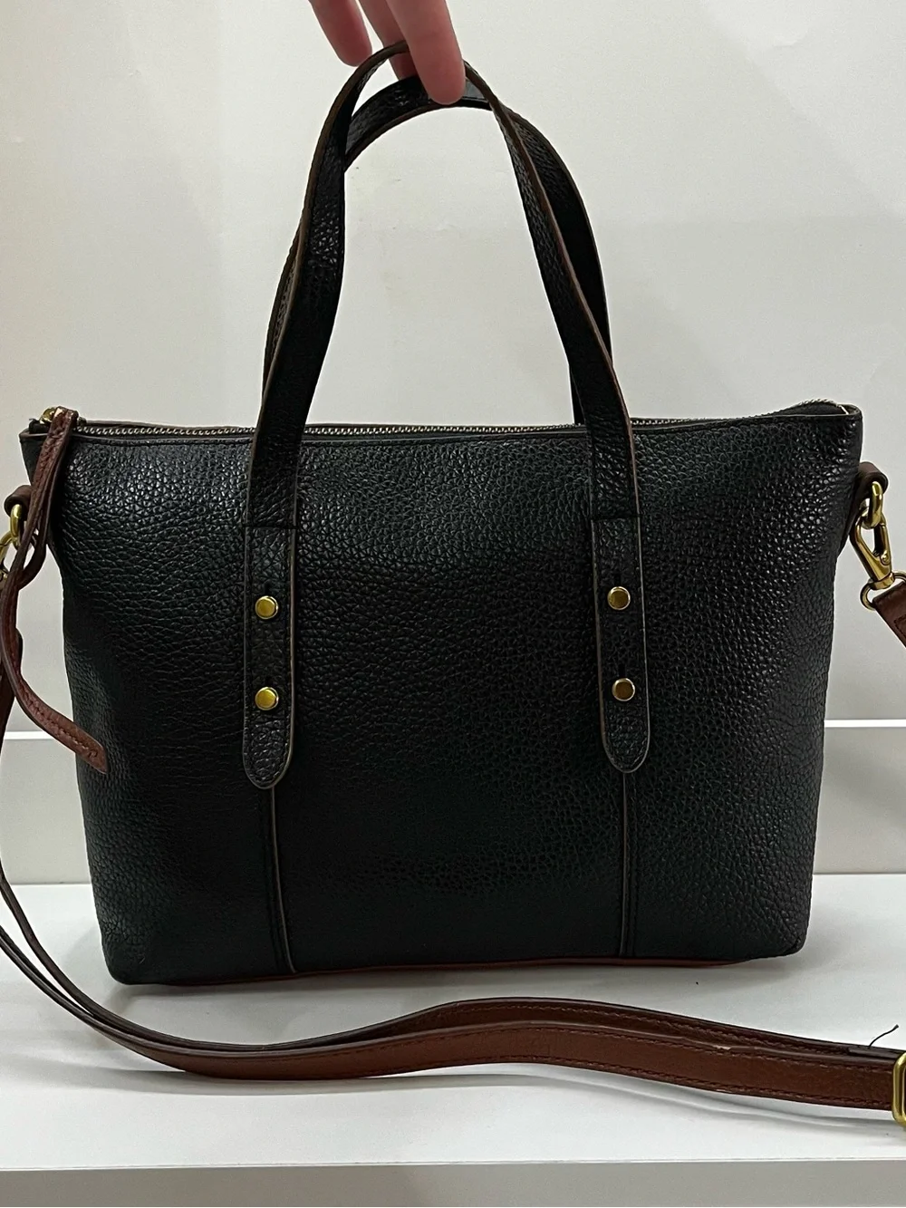 FOSSIL Black Brown Sydney Ryder Satchel Tote Crossbody Handbag Bag